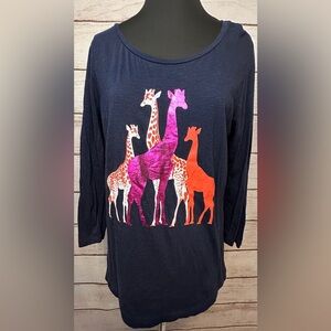 Crown and Ivy  Women's Navy Long Sleeve Top with Giraffes Size large, Casual Tee